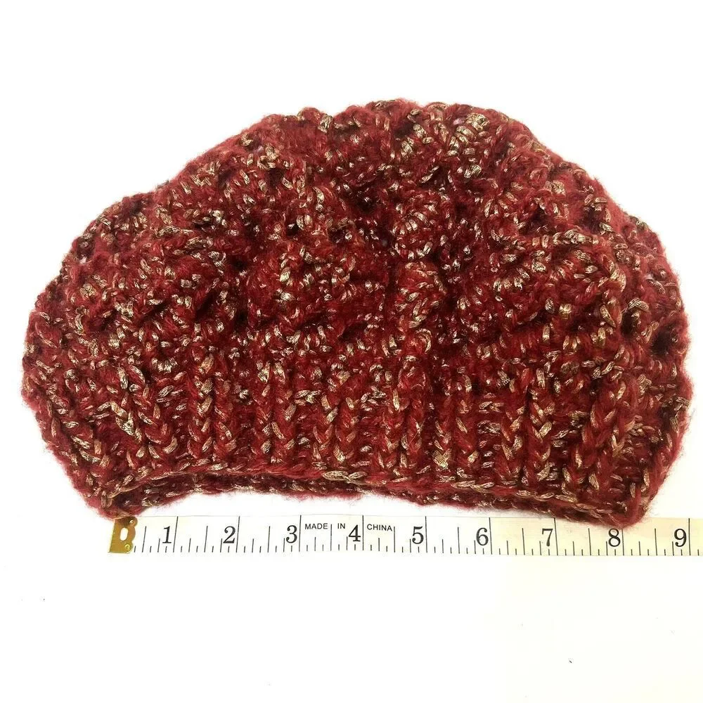 Handmade Crochet Beret Hat Women Slouchy Boho Festival Red Gold Statement Cap